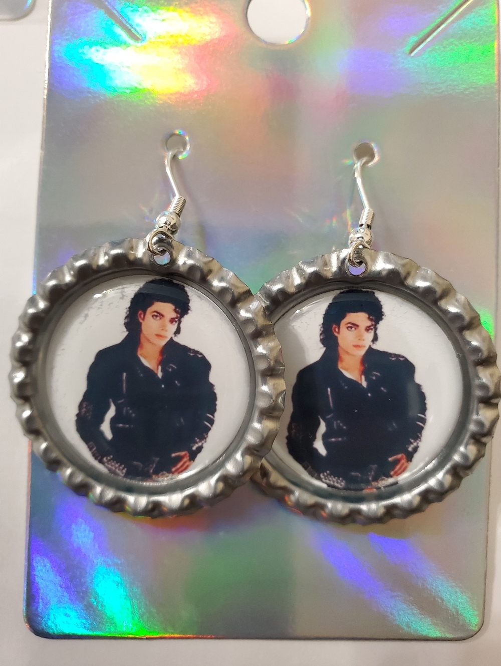 Michael Jackson bottlecap earrings silver plated hooks  Look